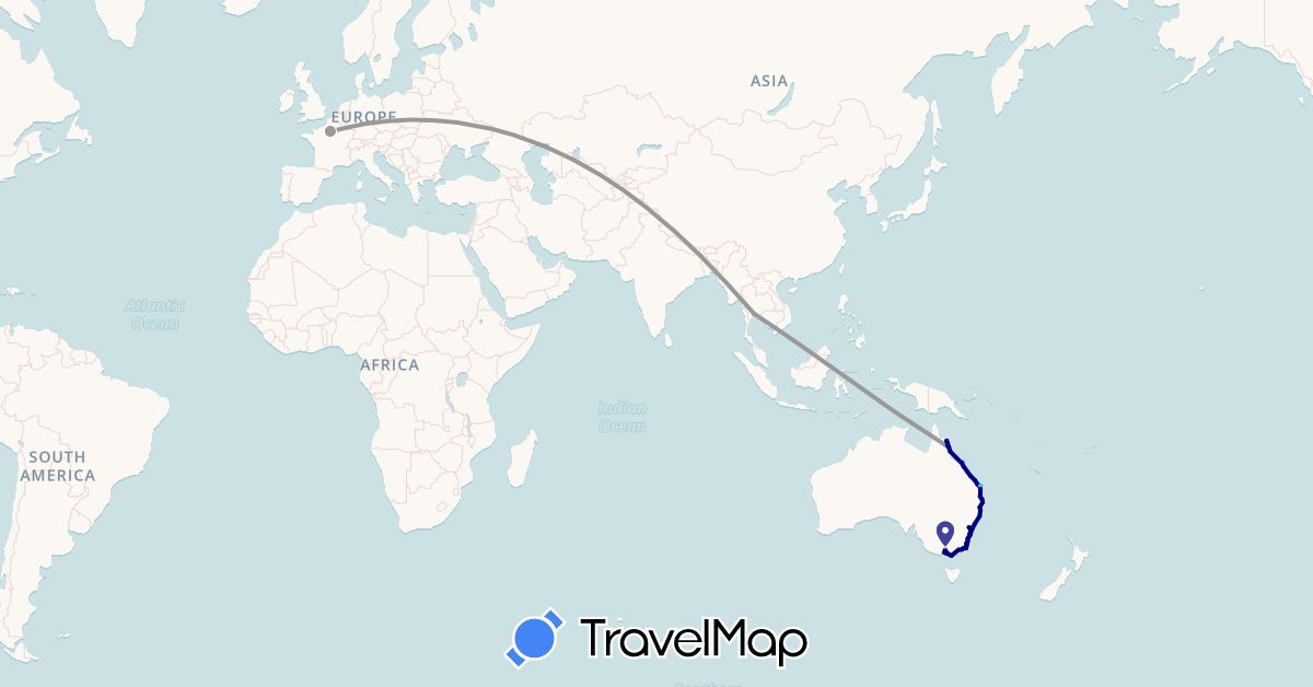 TravelMap itinerary: driving, plane, boat in Australia, France, Thailand (Asia, Europe, Oceania)